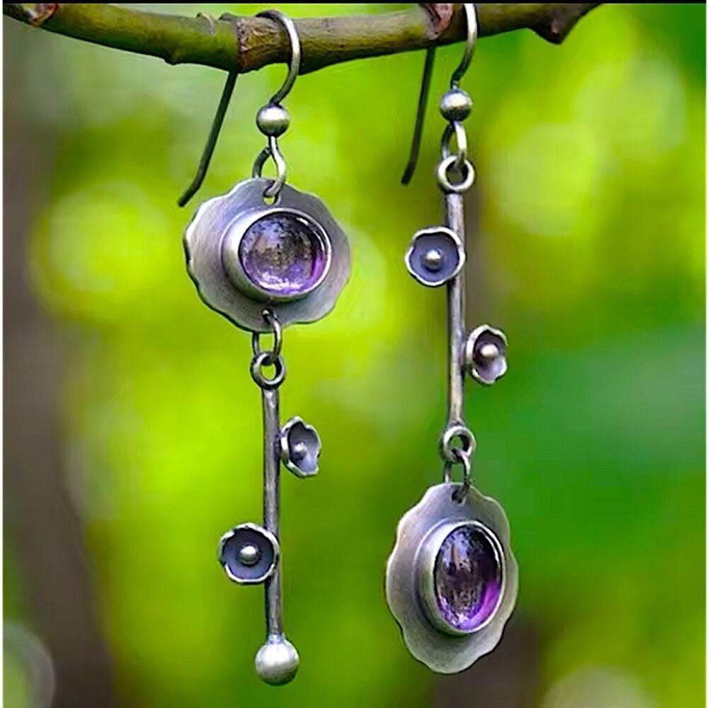 Silver Irregular Mix Match Amethyst Flower Dangle Vintage Boho Earrings